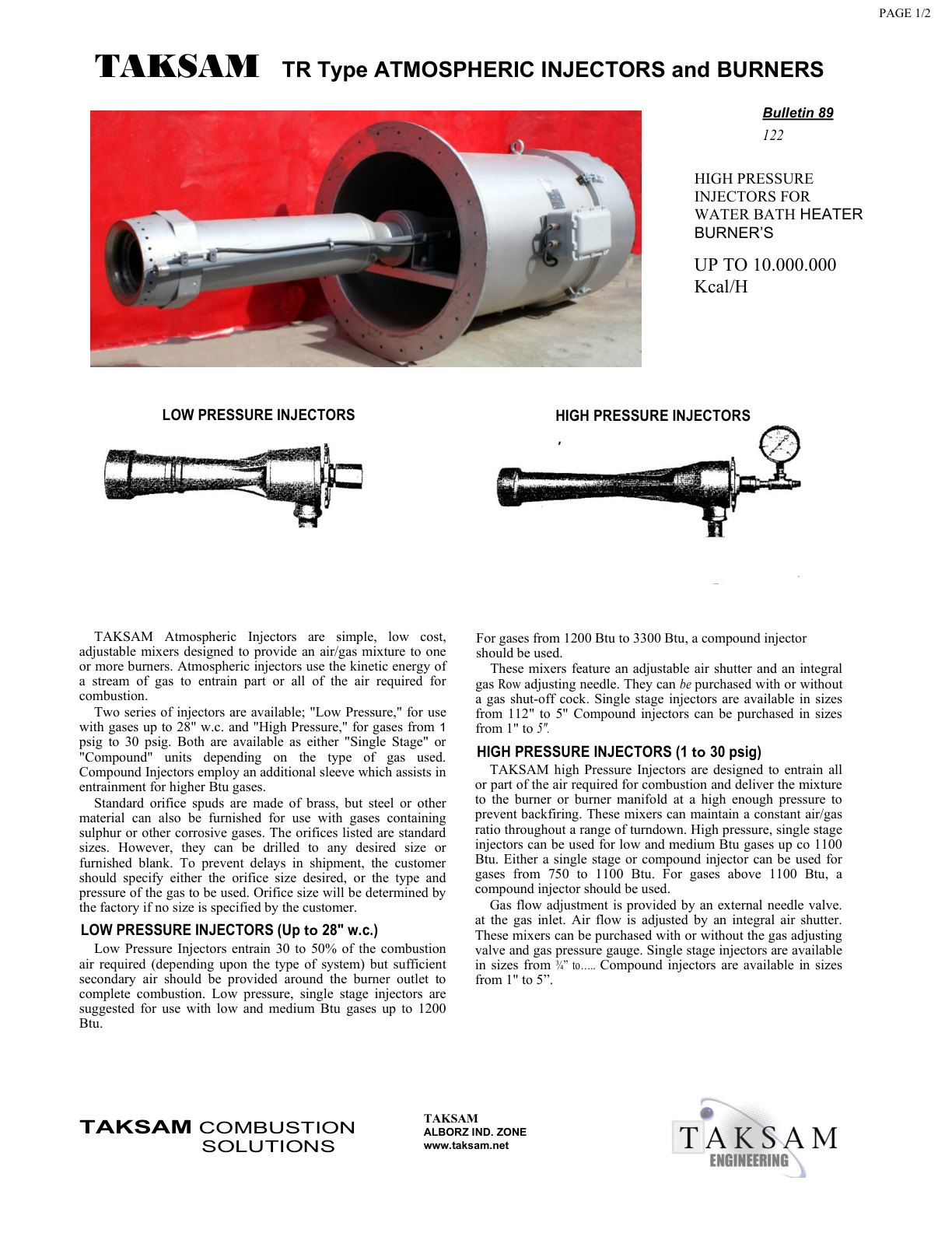 TR Type Atmospheric Injectors and Burners catalog page 1