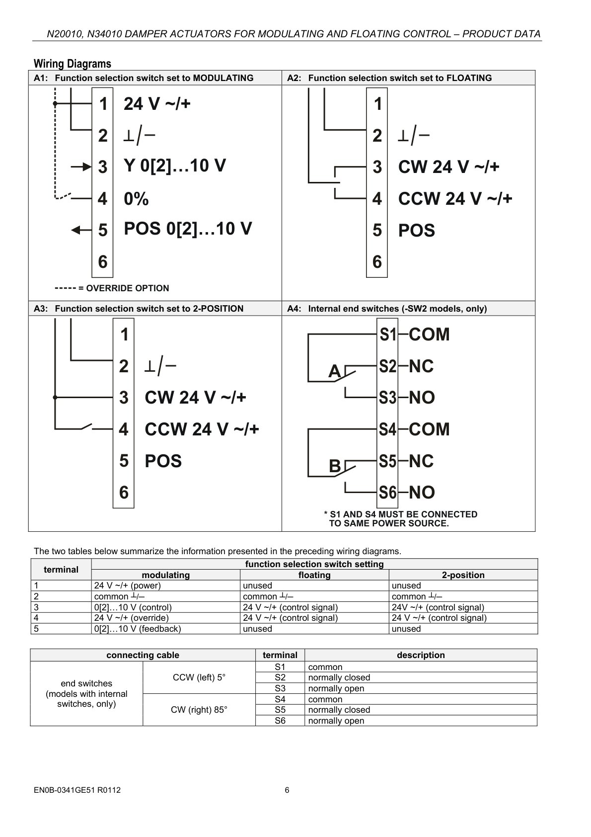 Honeywell N20010/N34010 damper actuator catalog page 6